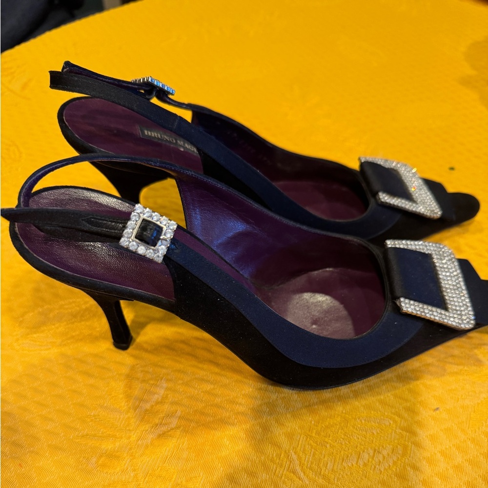 Bruno Magli Black Slingback Heels with Rhinestone Buckle